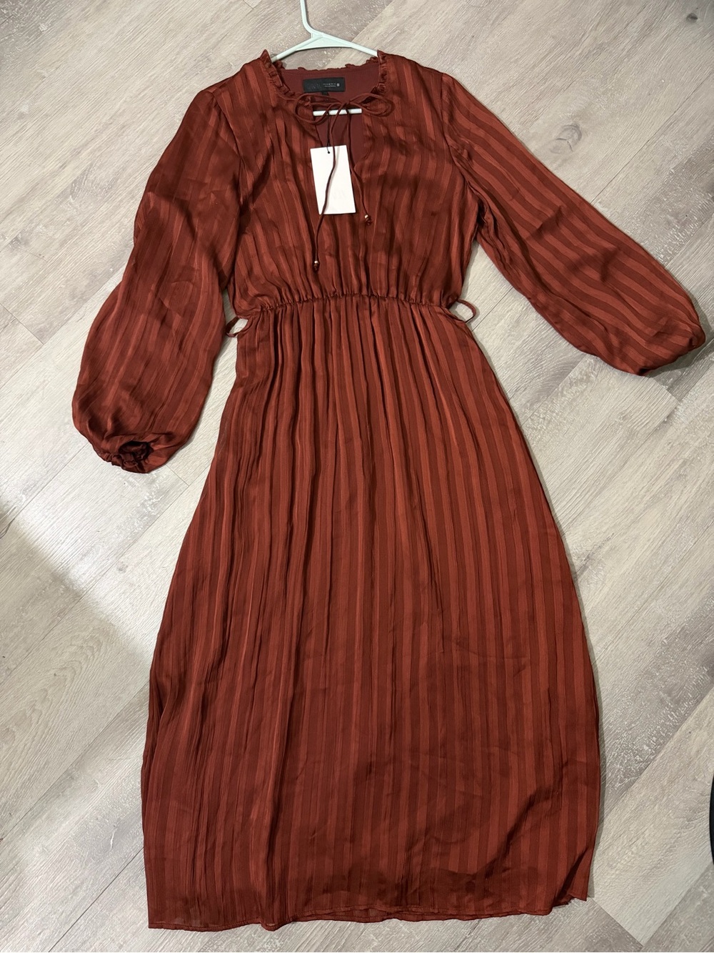 Zara Rust-Brown Striped Maxi Dress with Tie Neck - Picture 3 of 8